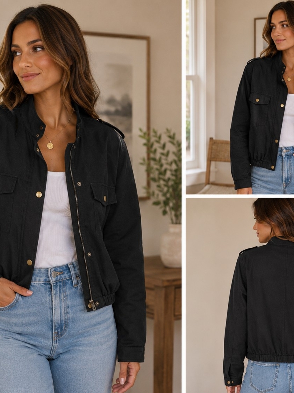 Chocolate Black Utility Jacket with Gold-Tone Buttons